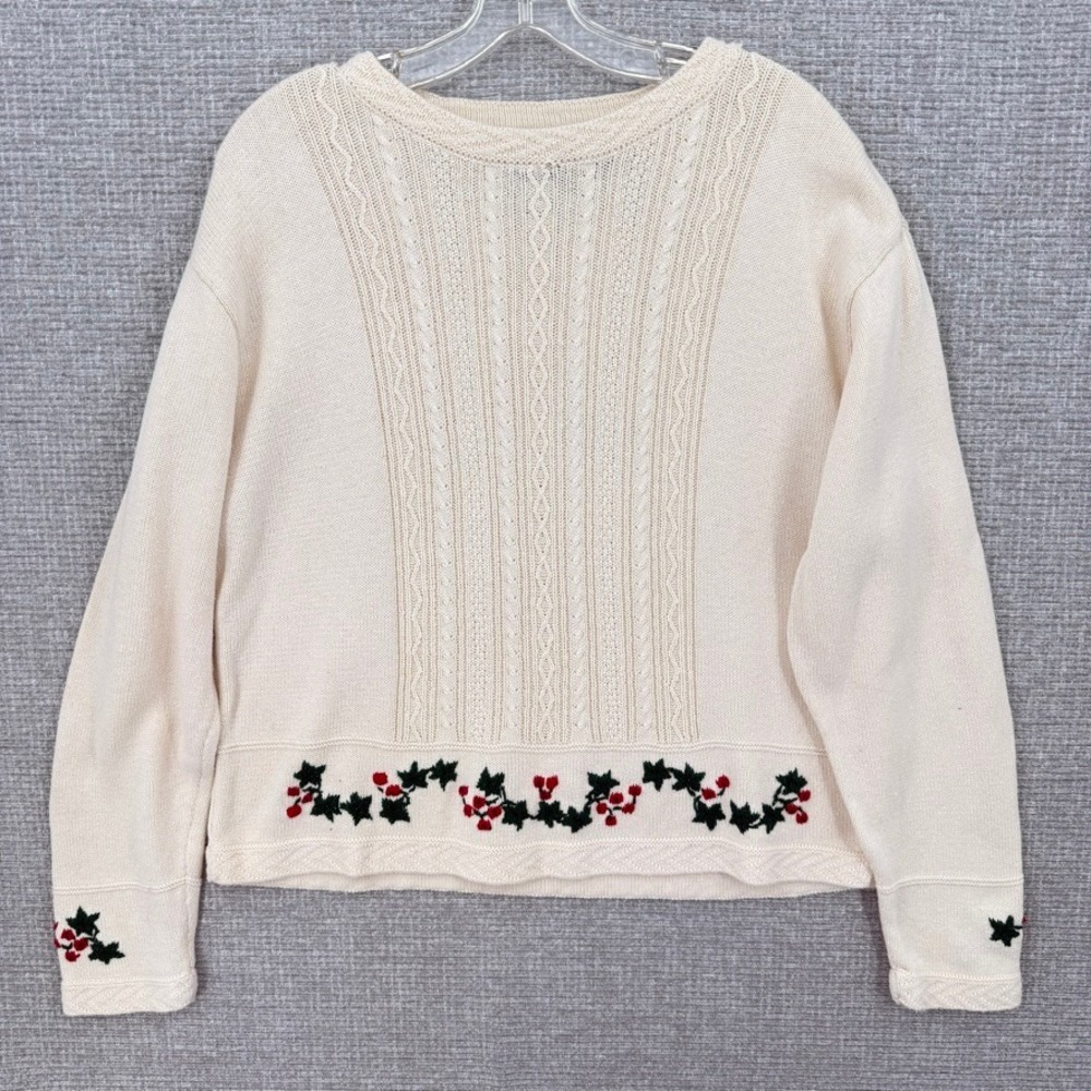 Vtg Lizsport Embroidered Floral Cable Knit Sweater Women L Cream Holiday